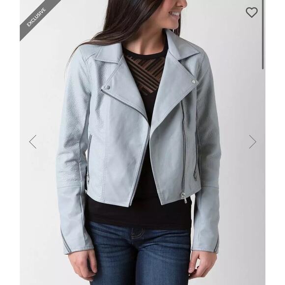BKE Asymmetrical Zip Front Faux‎ Leather Jacket - Light Gray - Zipper Sleeve - M - Picture 1 of 15